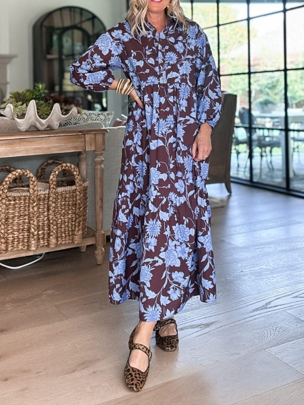 Anthropologie Maeve The Bettina Tiered Shirt Dress Maroon Blue Floral Sz XXS